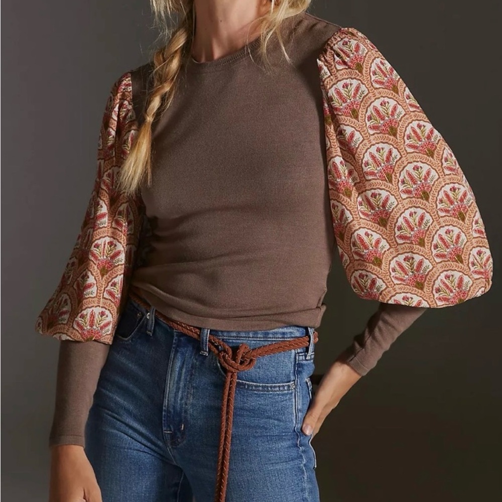 Anthropologie Bl-nk London Puff Sleeve Mixed Media Sweater Small EUC Boho